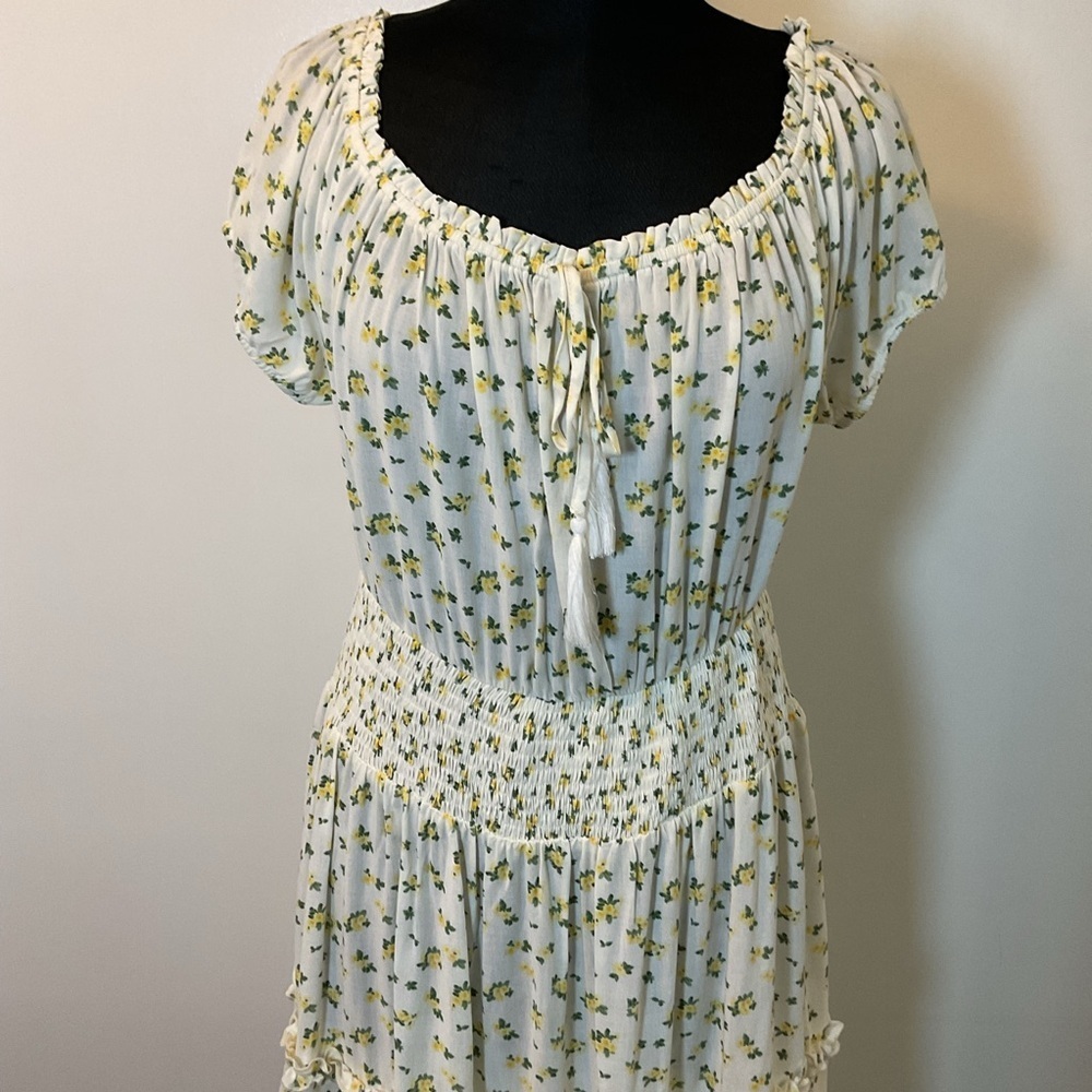 Justily Cream Green Floral Smocked Midi Sundress 1X Flutter Sleeve Cottagecore - Picture 2 of 7